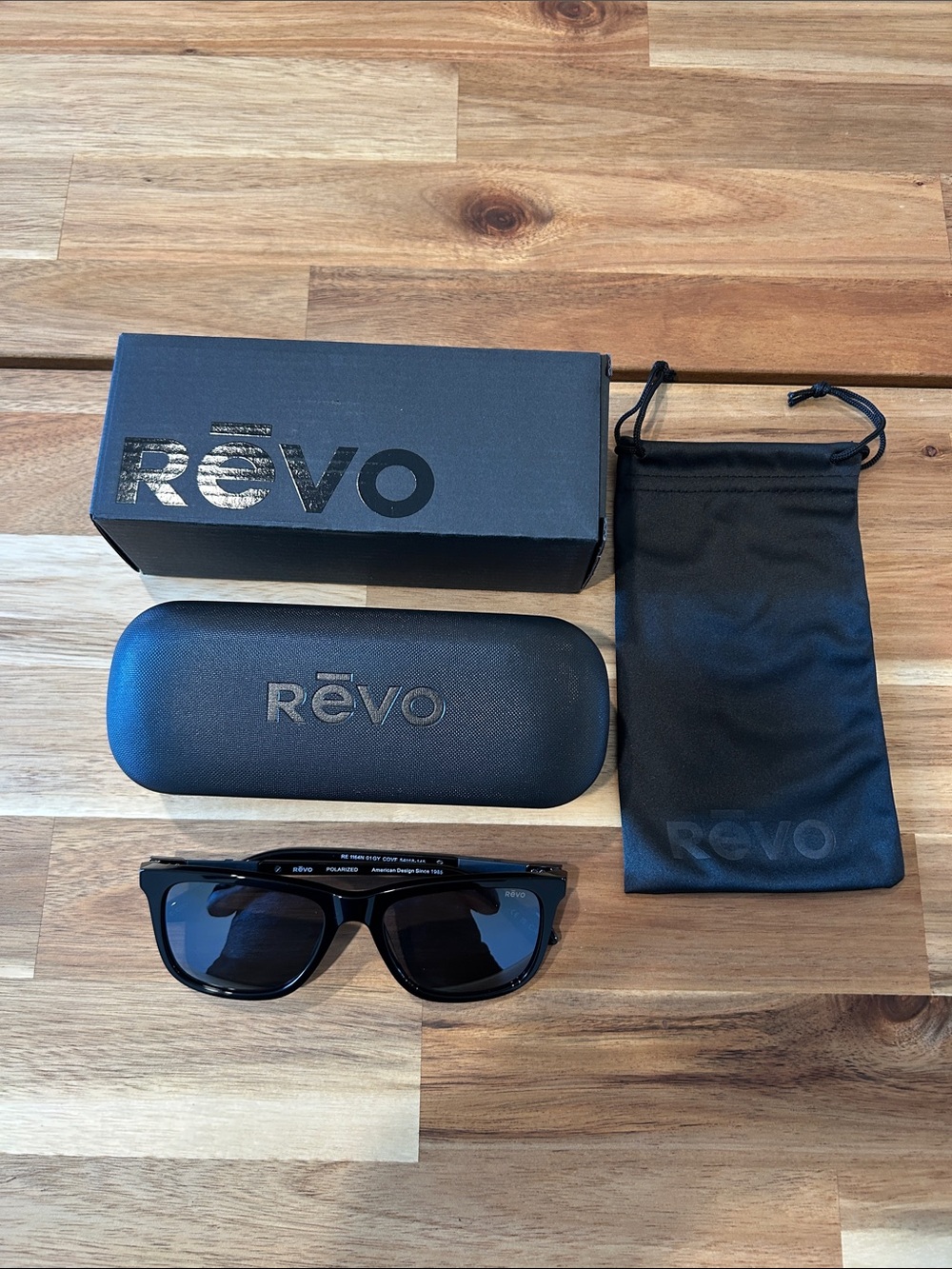 Revo Black Sunglasses with Dark Lenses, Case & Pouch